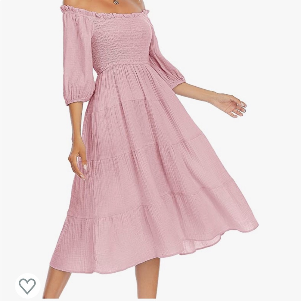 Pink Ruffled off shoulder A line midi dress